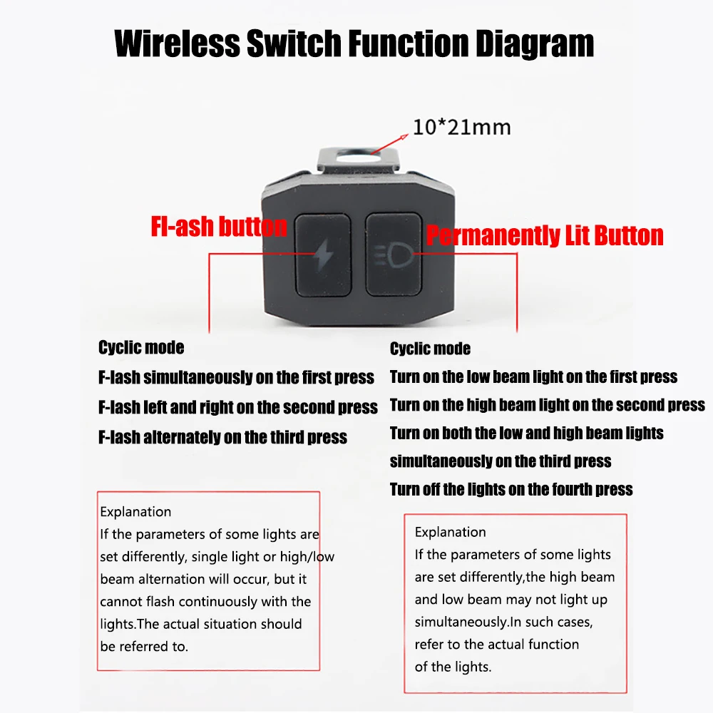 Motorcycle Spotlight High/Low Beam Switch Wireless Remote Control Left/Right Strobe Light Wiring Harness ACC Battery Protection