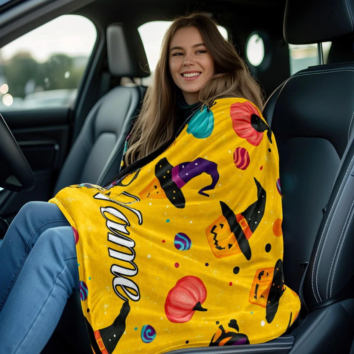 Custom name Halloween pumpkin head flannel blanket, suitable for sofa, bed, Halloween, birthday, children, gift