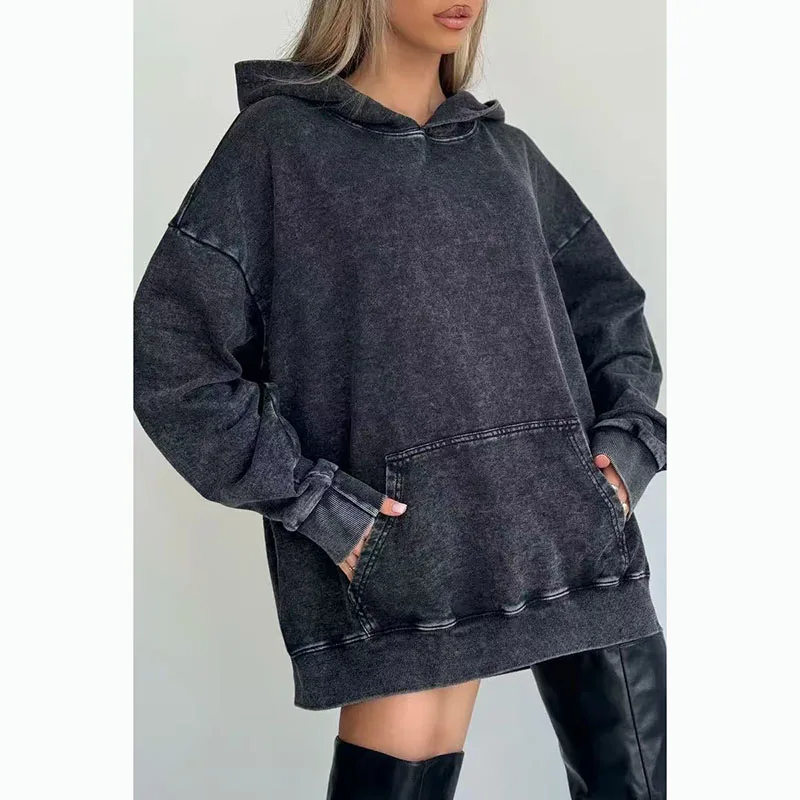 

American Retro Make Old Washed Black Loose Versatile Personalized Hooded Sweater Simple Solid Color Commuter Top Fashion