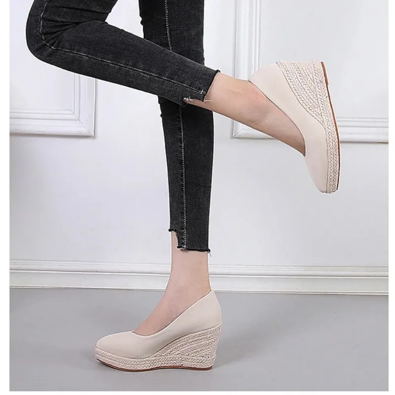 Spring and Autumn New Pointed Wedge Sandals Canvas Shoes Women\'s High Heels Thick Heel Rope Thick Sole Large Size