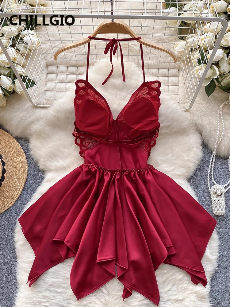 CHILLGIO Women Irregular Satin Spaghetti Strap Dress Mini Pajamas Nightgowns Fashion Butterfly Nightie A Line Halter Sundress