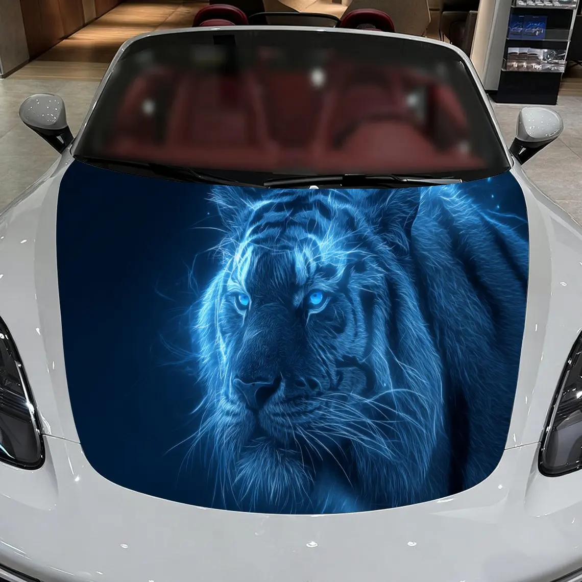 Car Decals A Tiger with Distinct Stripes in a Vibrant Blue, Textured Background with Illuminated Design Elements Car Hood Sticke