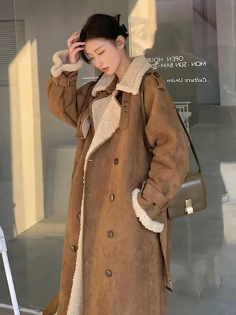 Lamb Suede Fleece Overcoat Women Autumn Winter Medium Length Plush Thicken Jacket Fur Long Lamb Wool Coat With Cashmere Outwear