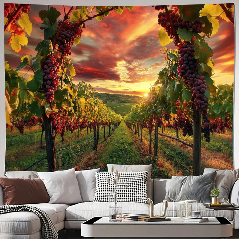 Large Decorative Tapestry Wall Hanging Vineyard Sunset Vineyard Decor Autumn Wine Grape Harvest Rustic Farmhouse Living Room Art