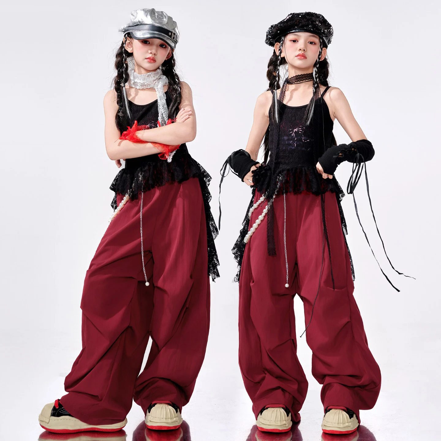2025 Mädchen Hip Hop Dance Kleidung Schwarz Spitze Tops Kpop Rote Hosen Hip Hop Street Dance Performance Kostüm Bühne Outfits BL 16301