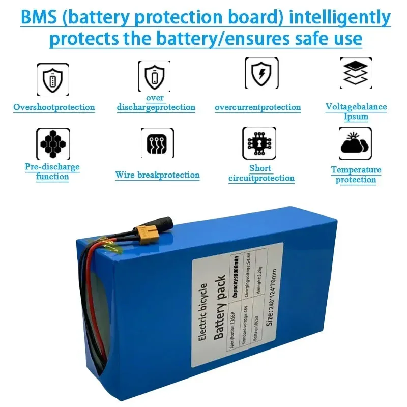 Batterie lithium-ion 13s6p, 48V, 38Ah, 18000mAh, 2000W, BMS 50A intégré, chargeur, panneau en fibre ondulée