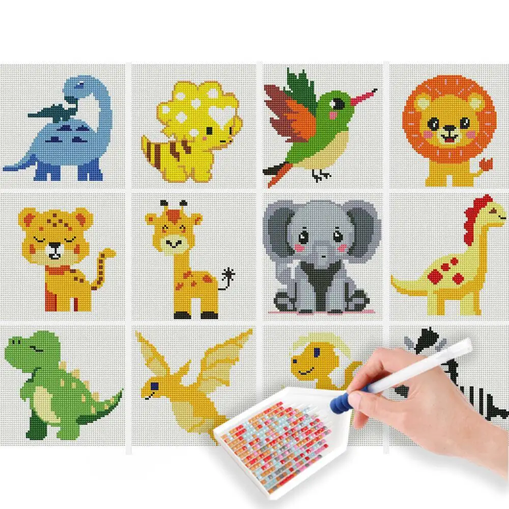 HUACAN 12 Stück Cartoon-Tier 5D-Diamantgemälde zum Selbermachen, runder Diamant, handgefertigt, Geburtstagsgeschenk, Tischdekoration