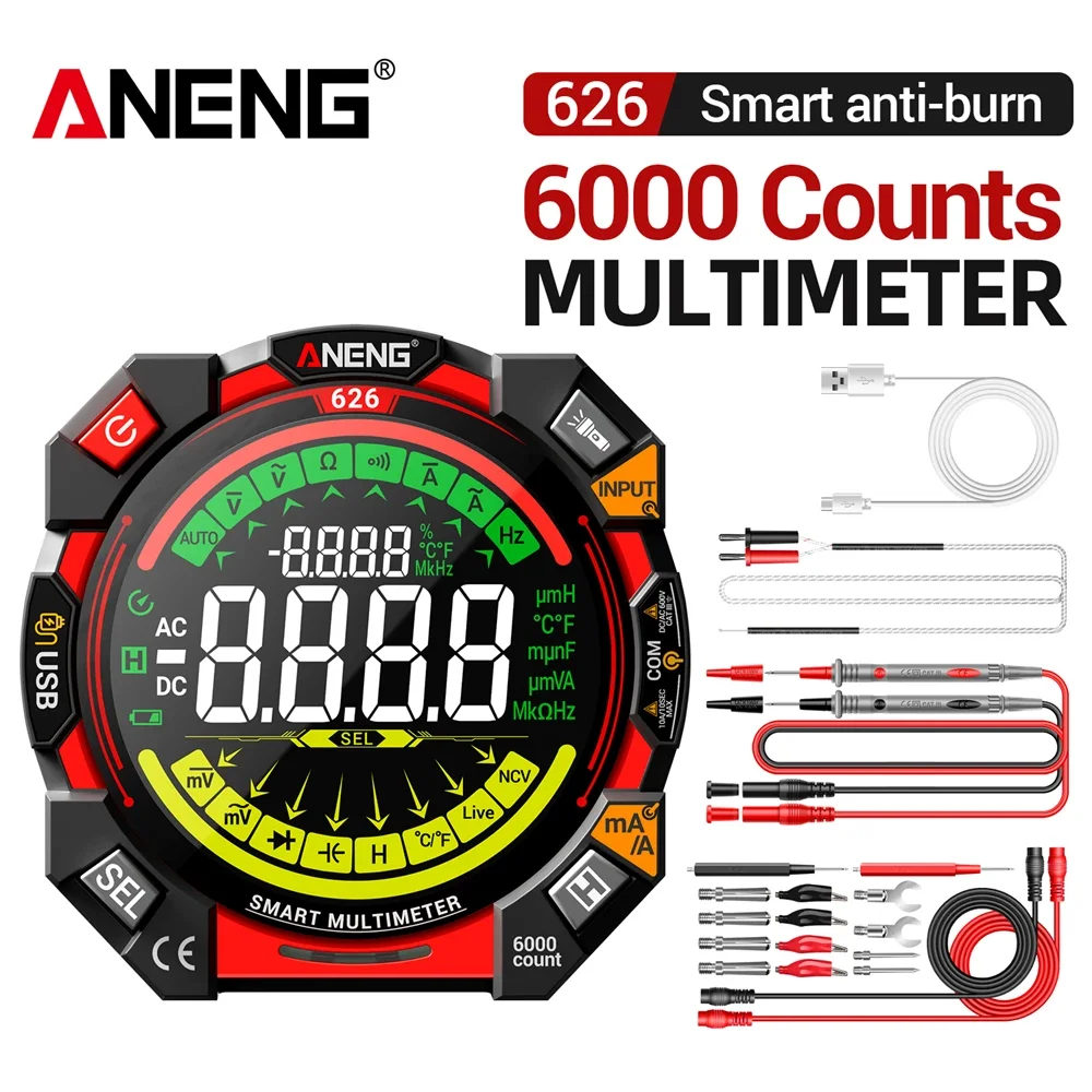 Portable Multimeter VA Display Digital 6000 Counts AC DC Voltage Current Tester NCV Capacitance Hz Rechargeable Tester ANENG 626