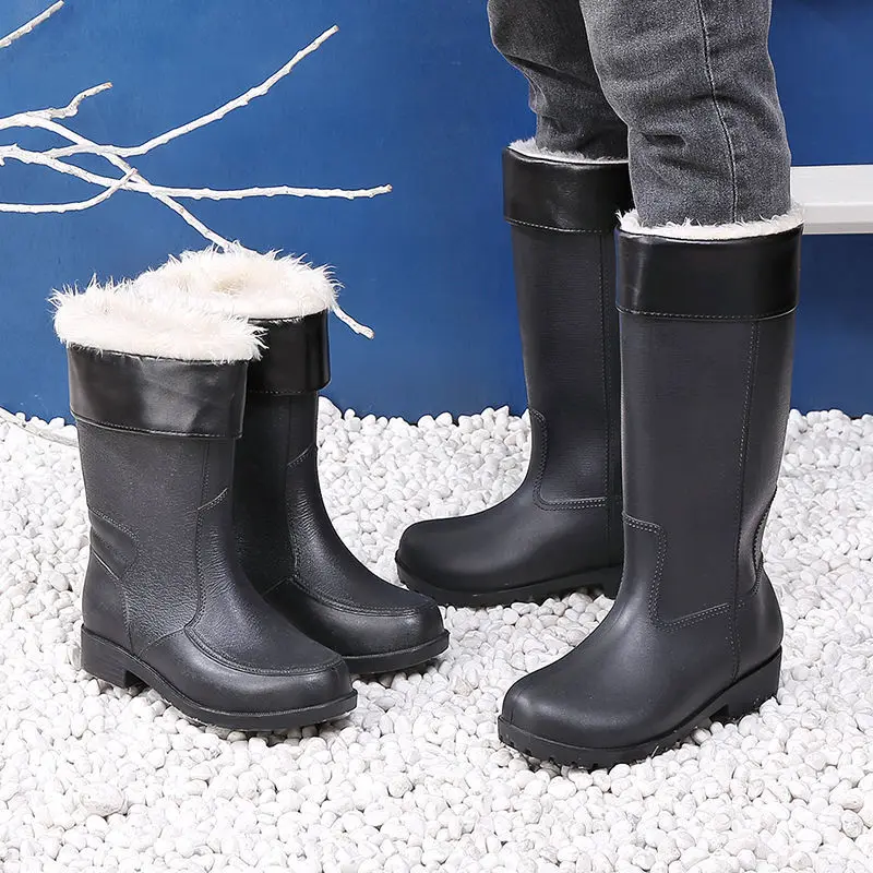

Нескользящая мужская обувь на флисовой подкладке с круглым носком, длинные осенне-зимние мужские резиновые сапоги для подростков на низком каблуке для дождливого дня, дешевые мужские резиновые сапоги для рыбалки и сада