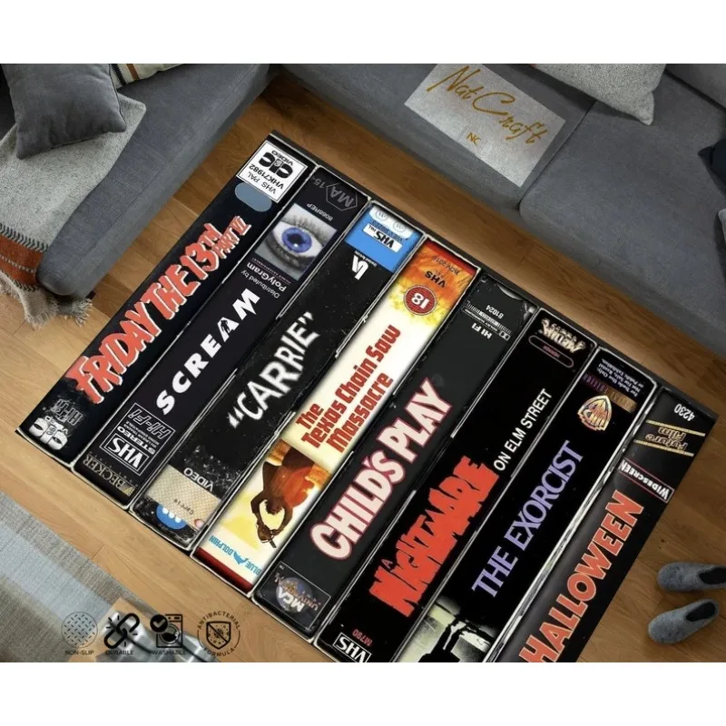 Horror Movie Themed Carpet for Boy Room Nostalgic Retro Style Rug Vhs Case Themed Horror Rug for Home Theater TV Room Decor