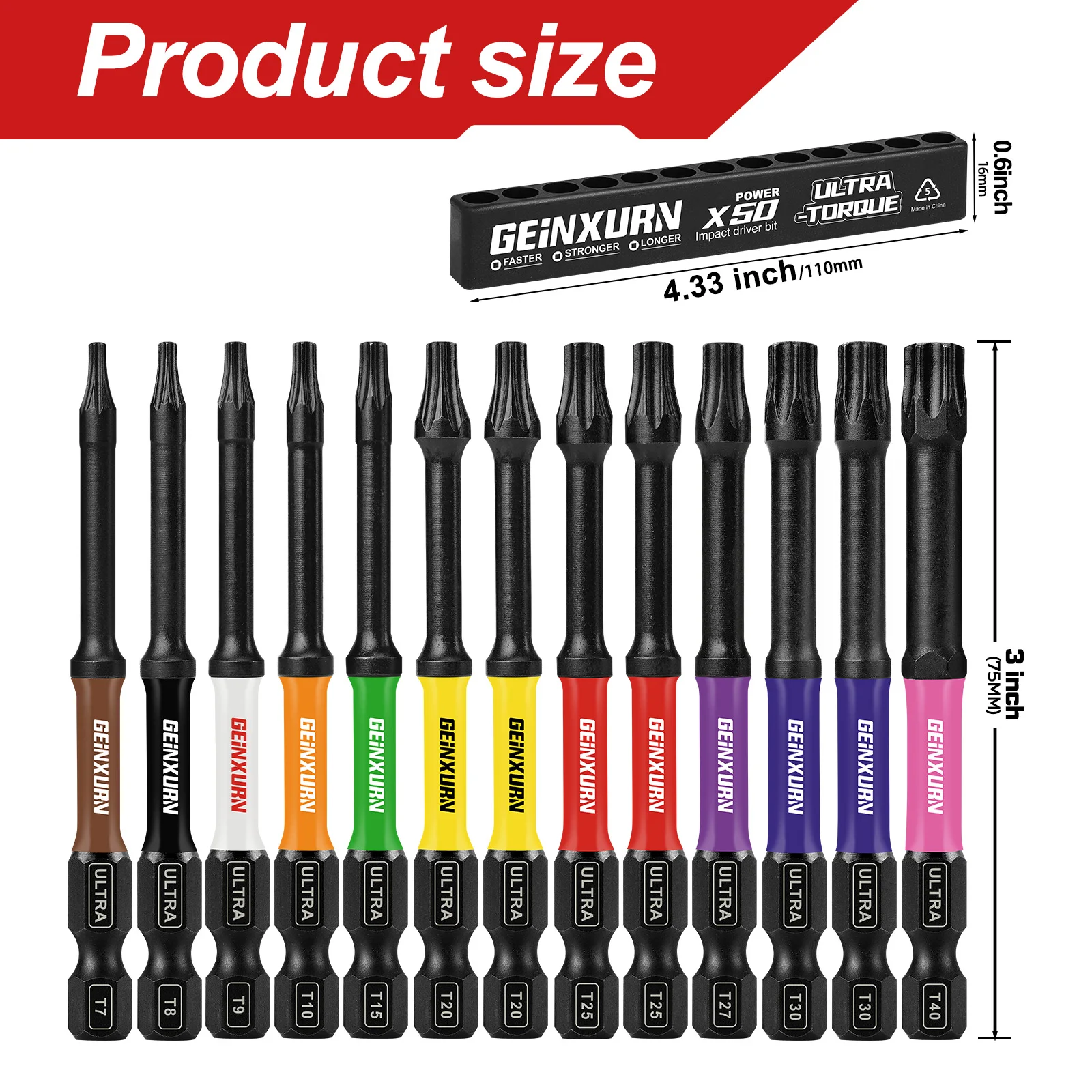 Geinxurn 13pcs 3” Magnetic Torx Screwdriver Bits Set (T7-T40),D2 steel,Long Extension Star Driver Bits Set with Color Coded Base