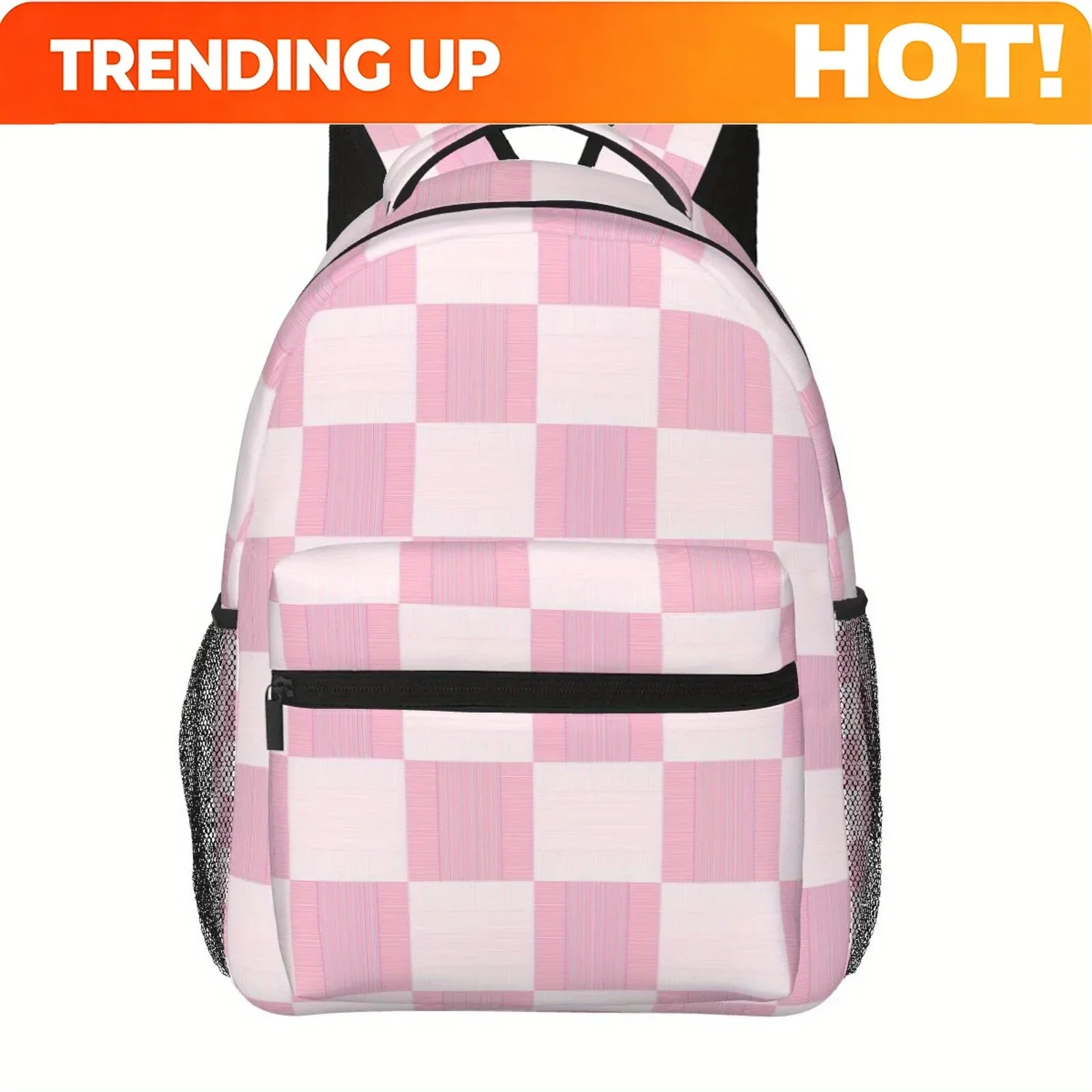 Custom Bag 1pc Pink And White Checkerboard Theme Semi-Full Print Large Capacity, Double Mesh Pocket Backpack, Lightweight And Du