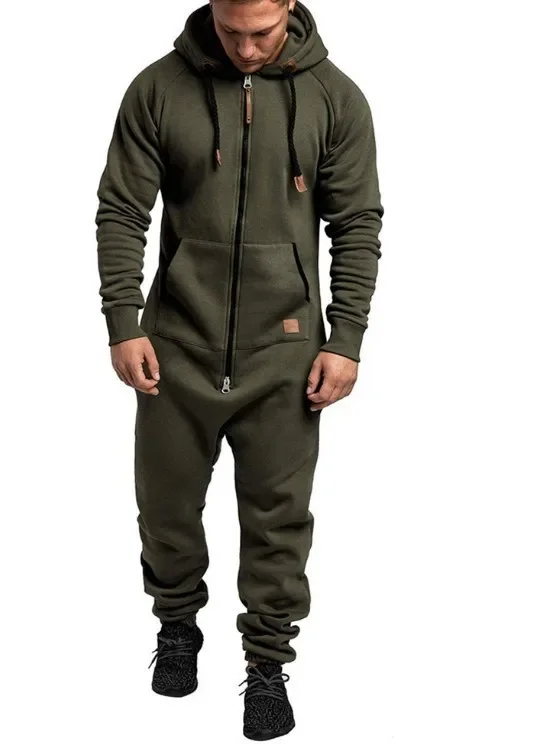 Men Jumpsuit Solid Long Sleeve Hooded Thick Playsuits Male Zipper Hoodies Romper Autumn One Piece Sets Casual Straight