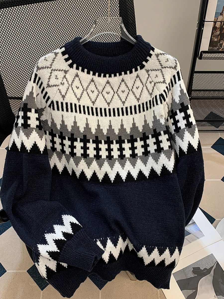 

Мужской свитер оверсайз из плотного трикотажа в стиле ретро, с круглым вырезом, в американском стиле, с цветными блоками, осенне-зимний