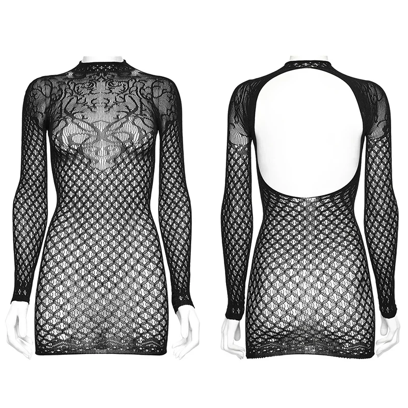 PUNK RAVE Women\'s Gothic Vine Pattern Mysterious Knitted Black Dress Hollowed Out Back Club Sexy Mini Dresses Summer