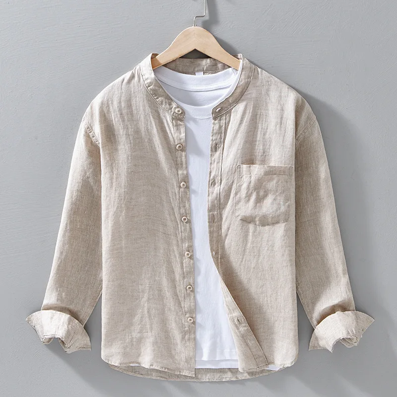 

Summer 100% Linen Men's Dew-Retting Linen Shirt - Loose Fit Casual Stand Collar Long Sleeve Minimalist Solid Color Hemp Shirt