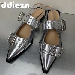 Gladiator Sandals Shoes For Female Buckle Strap Women Mules Designer Pointed Toe Casual silvery Fashion Ladies Shoes Slides