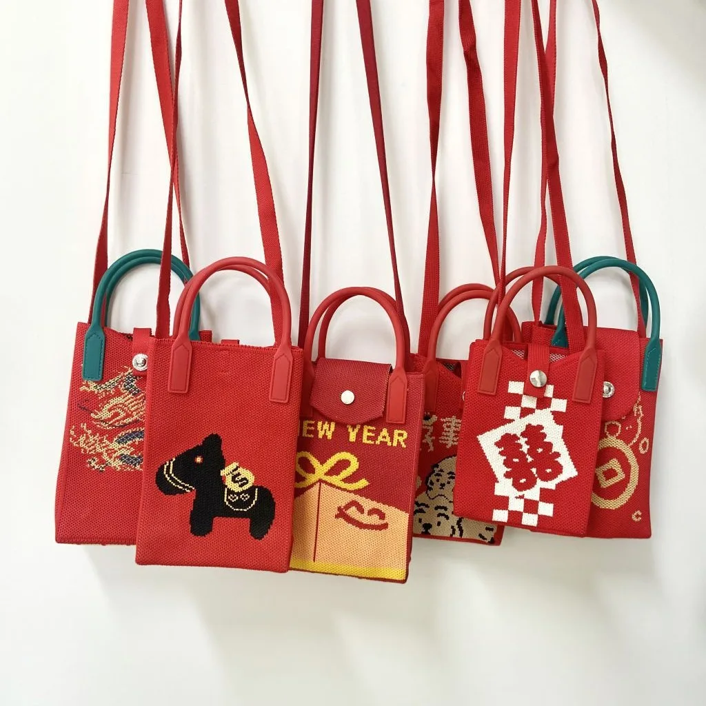 

Practical Small Knitted Phone Bag Crossbody Red Knit Handbag Shoulder Bag for Women Sweet Cool Style Daily Use