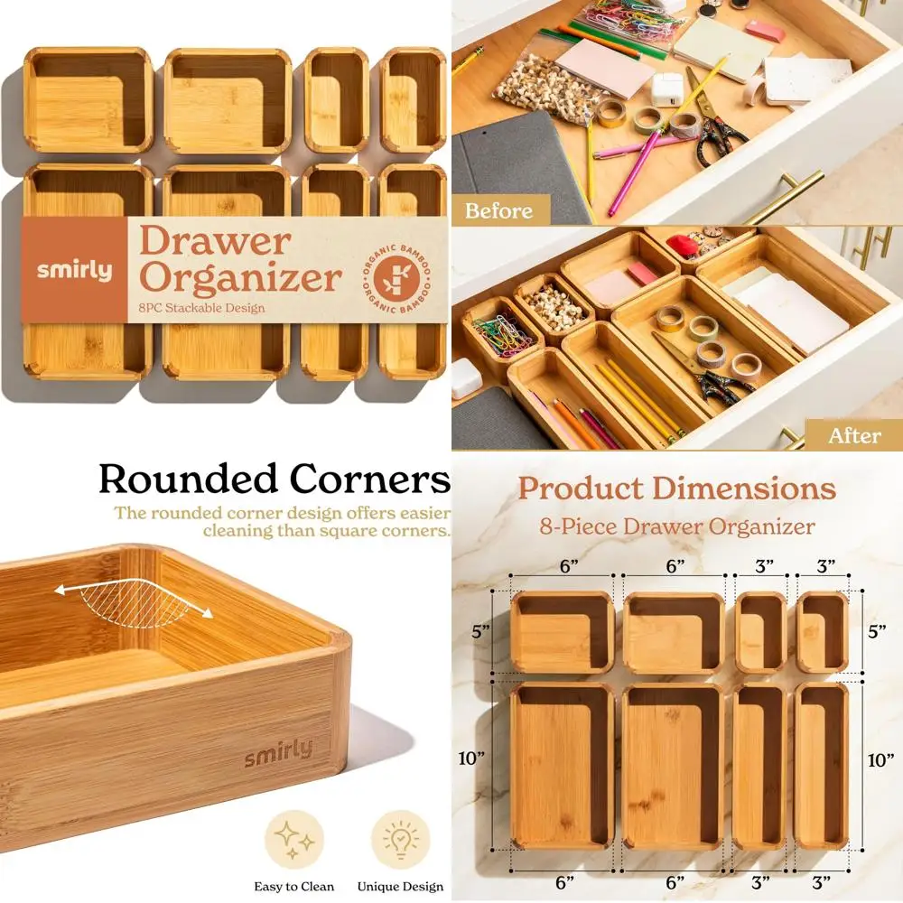 

Bamboo Kitchen Drawer Organizer Set, 8-Piece Storage Solution for Utensils, Versatile Multi-Purpose Boxes for Home Use