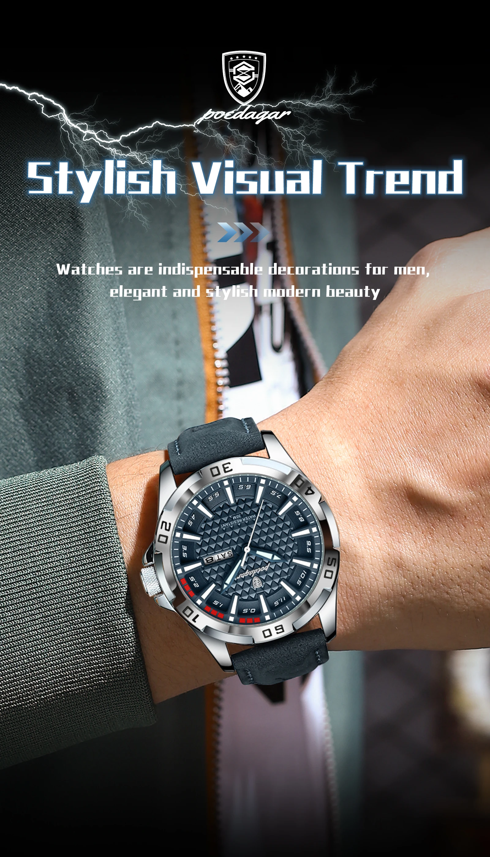 POEDAGAR Original Männer Uhr Luxus Wasserdicht Leucht Datum Woche Uhr Für Mann Quarz Leder Mode herren Uhren Reloj Hombre – Detail 14