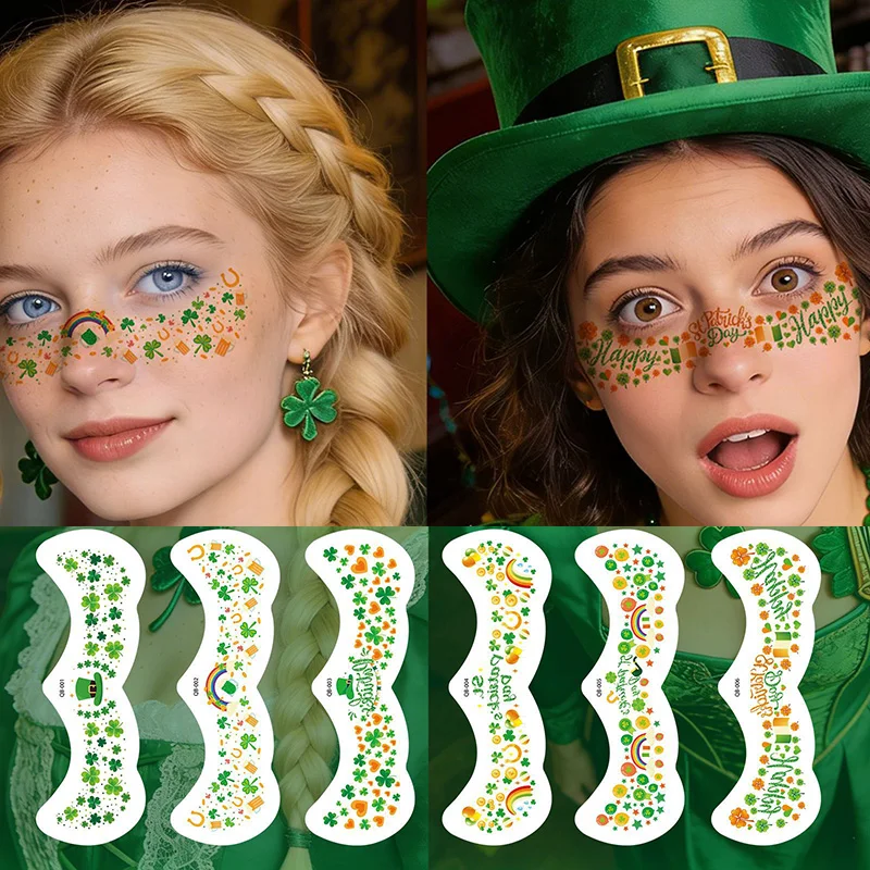 

6PCS St Patrick' s Day Face Tattoo Stickers Shamrock Leaf Skin Makeup Clover Sticker Temporary Irish Party Decals False Tattoo