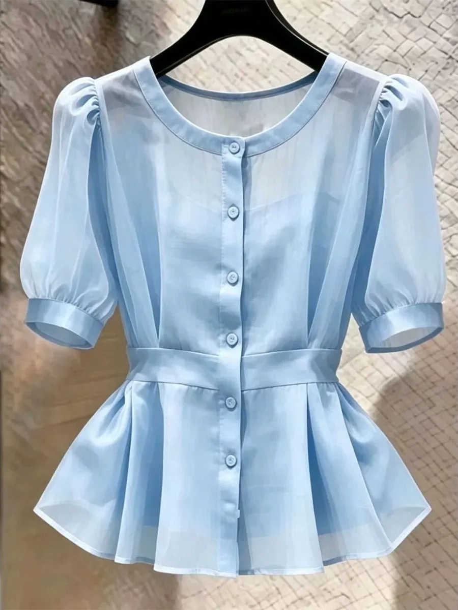 Elegant Soft Chic Women's Chiffon Shirt Comfortable Luxury Design Summer New Style Casual Fit Short Sleeve round Neck Open Ca...