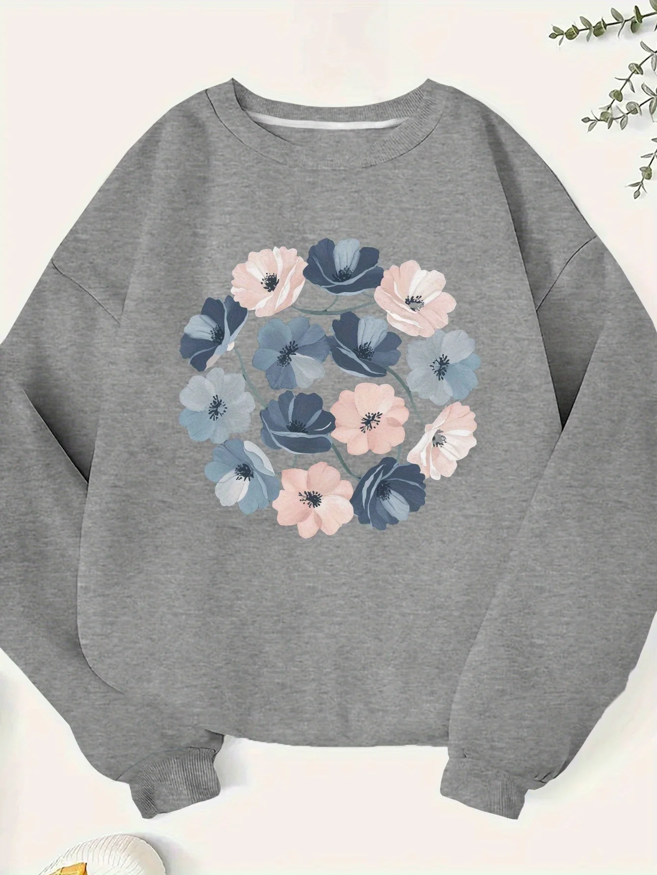 Women's Plus Size Floral Print Casual Sweatshirt - Soft Polyester, Long Sleeve, Round Neck, Light Gray with Blue and Pink Flower