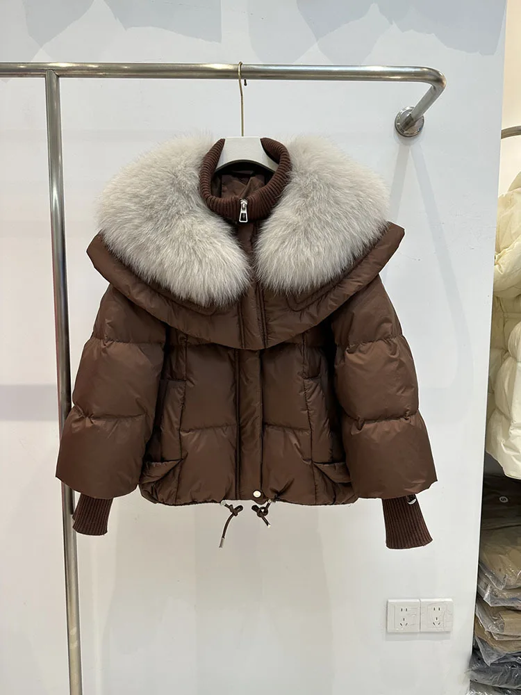 Chaqueta de invierno de piel Real para mujer, abrigo de plumón de ganso blanco, Cuello de piel de zorro de gran tamaño, piel grande, piel gruesa, cálida, nueva moda