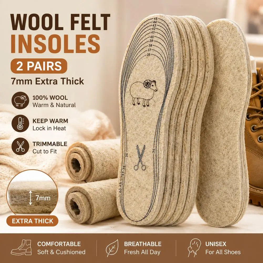 7mm extra dicke Wollfilz-Einlegesohlen, warme Winter-Thermoeinlagen, zuschneidbar, atmungsaktiv, geruchshemmend, Unisex, 2/4/10/20 Paar