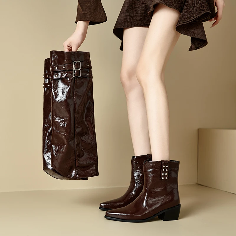 

Knee High Shark Boots for Women Slouchy Tall Booties Fold Over Detachable Shaft Chunky High Heels Slip on Rivets Buckle Shoes
