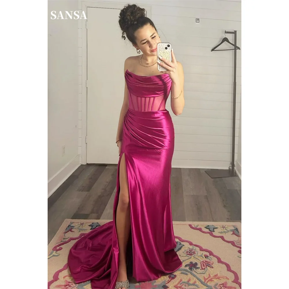 

Sansa Strapless Satin Prom Dress Pleats Sleeveless Vestidos De Fiesta Sexy Side High Split Mermaid Cut-out Evening Dress 2024