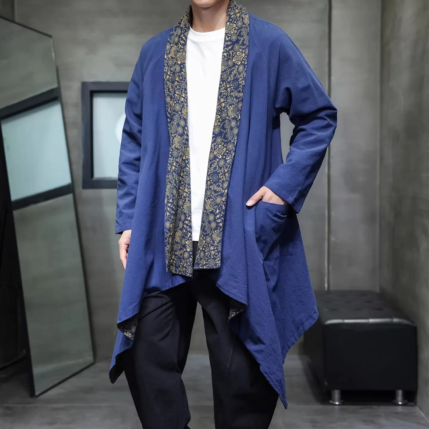 2026 Spring Summer Men Chinese Style Linen Hanfu Men Traditional Cardigan Jacket Male Oversized Kimono Ancient Irregular Cloak view 6