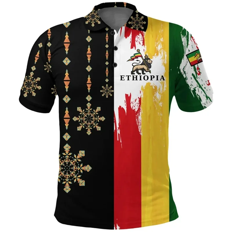 Ethiopia Flag\'s Color With Aztec Pattern Polo Shirt Men National Emblem Sports Jersey Casual Male POLO Shirts Lapel Button Tops