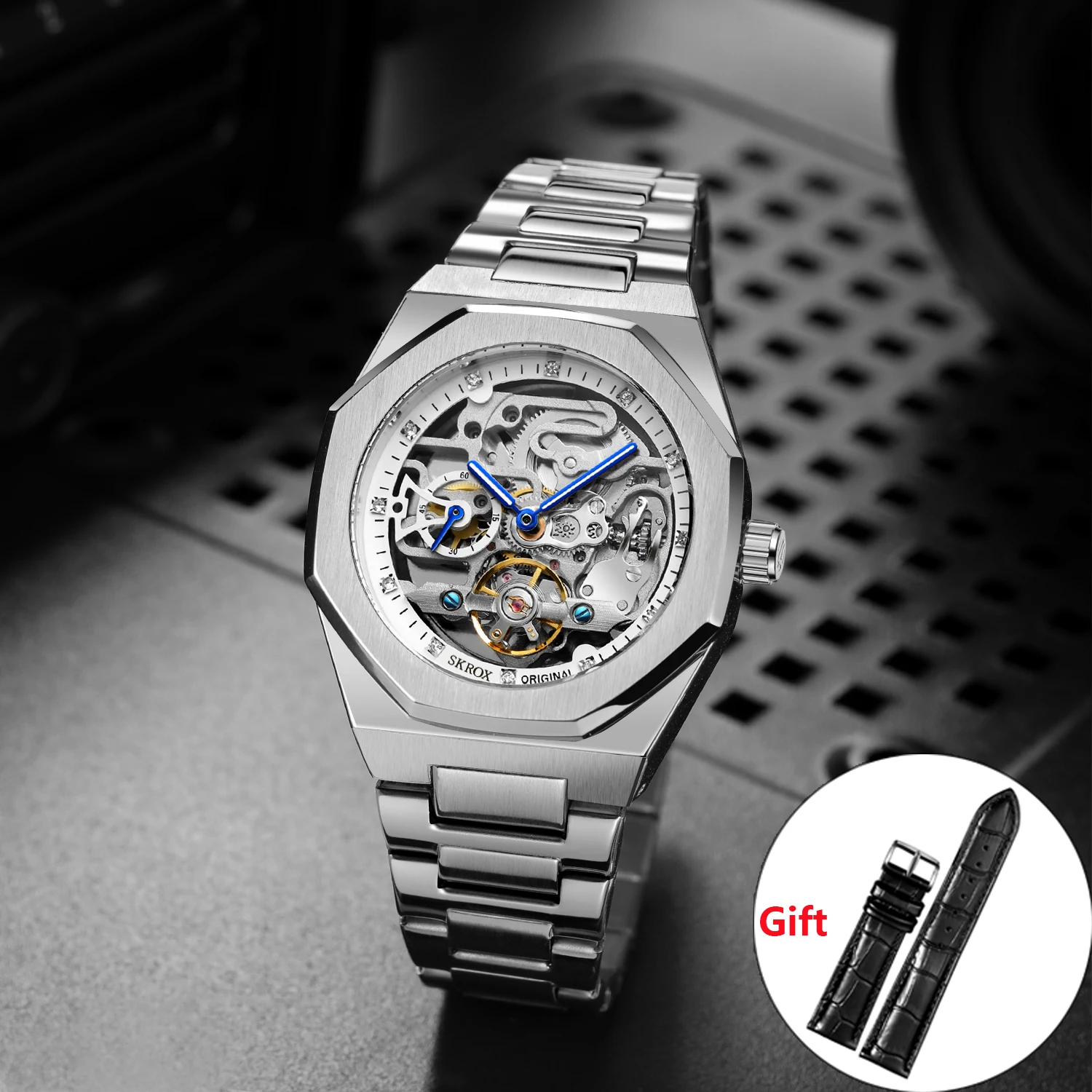 Luxury SKROX Automatic Movement Octagon Men's High Quality Business Watch Stainless Steel Mechanical Skeleton Male Wrist Watches