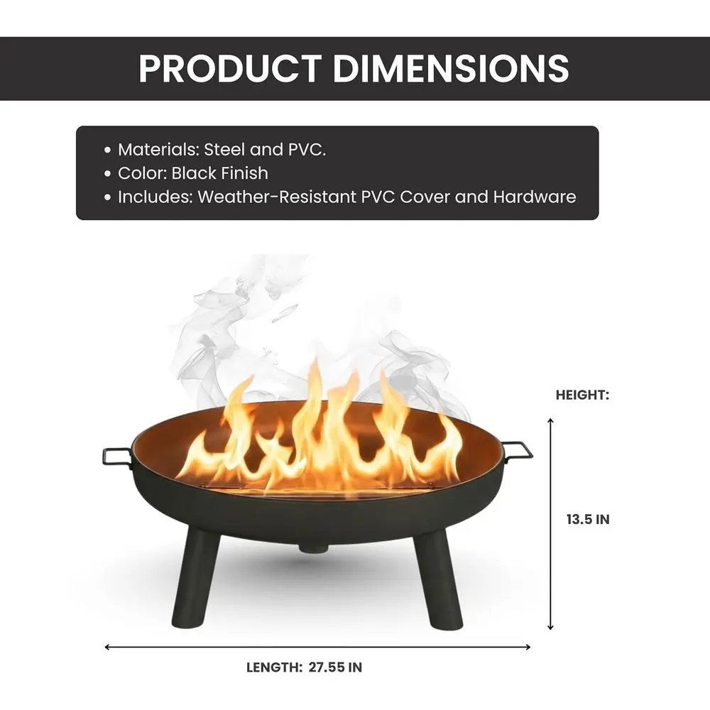 27.5-Inch Wood-Burning Outdoor Fire Pit with Handles and Cover - Ideal for Backyard, Deck, or Patio (Black) view 6