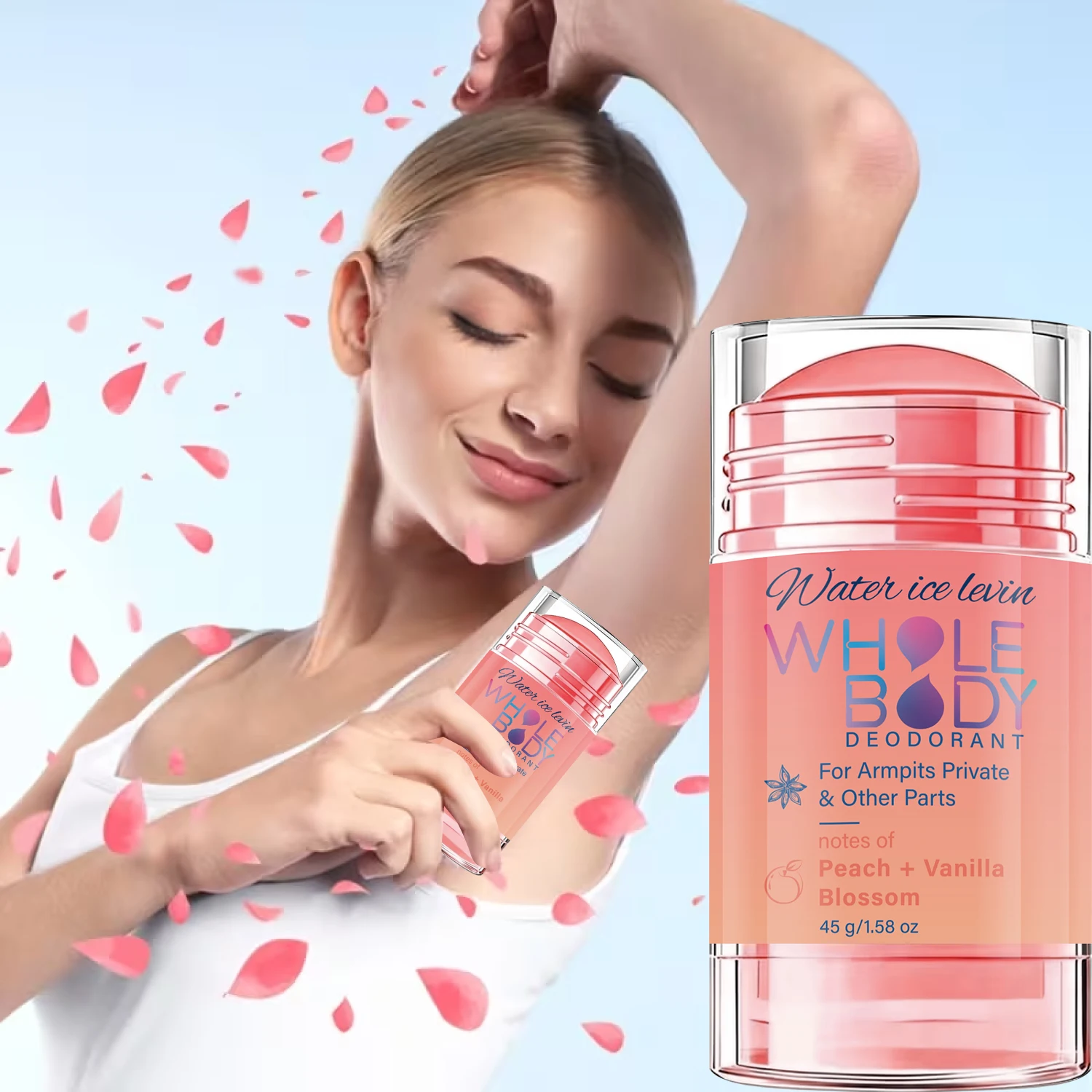 

Water Ice Levin Whole Body Deodorant Stick Armpits Private Areas. Peach Vanilla Scent. Fresh Moisturizing. Long Lasting. 45g.