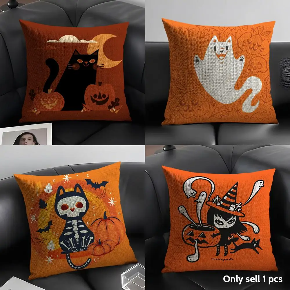 Halloween Cute Lively Orange Cat Cushion Cover Breathable Linen Organic Fabric Double-Sided Printing Sofa Pillow Case Home Decor
