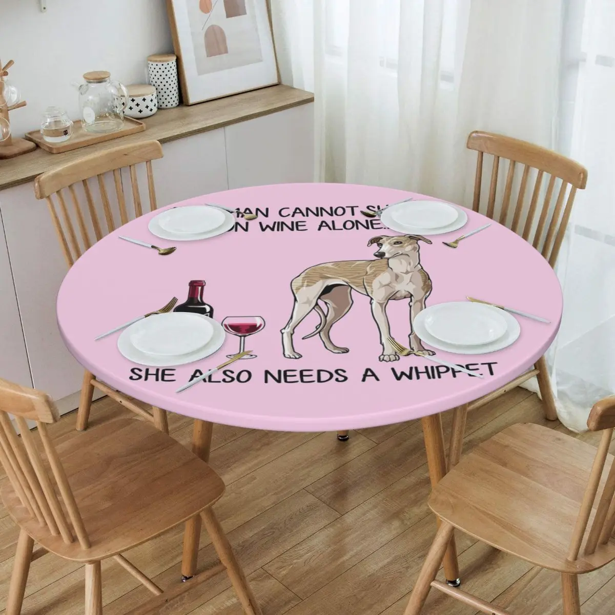 Whippet Dog And Wine Funny Gift For Dog Mom Waterproof Round Tablecloth Oilproof Table Cloth Kitchen Events Dining Table Cover