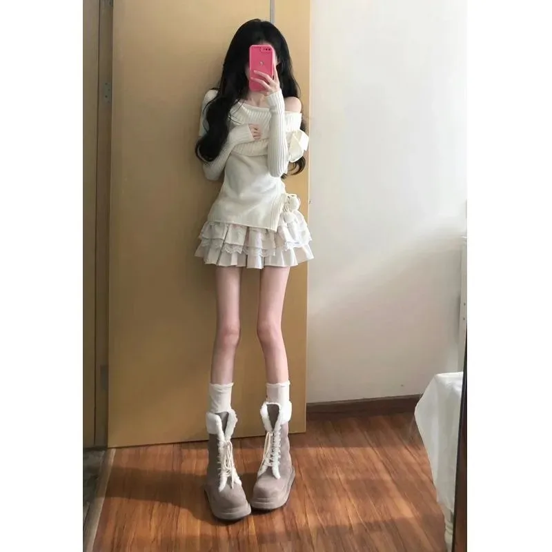 Spicy Girl One Shoulder Sweater Cake Skirt Two Piece Set Women Korean Fashion Sweet Knitwear Solid Slim Lace Up Temperament Suit