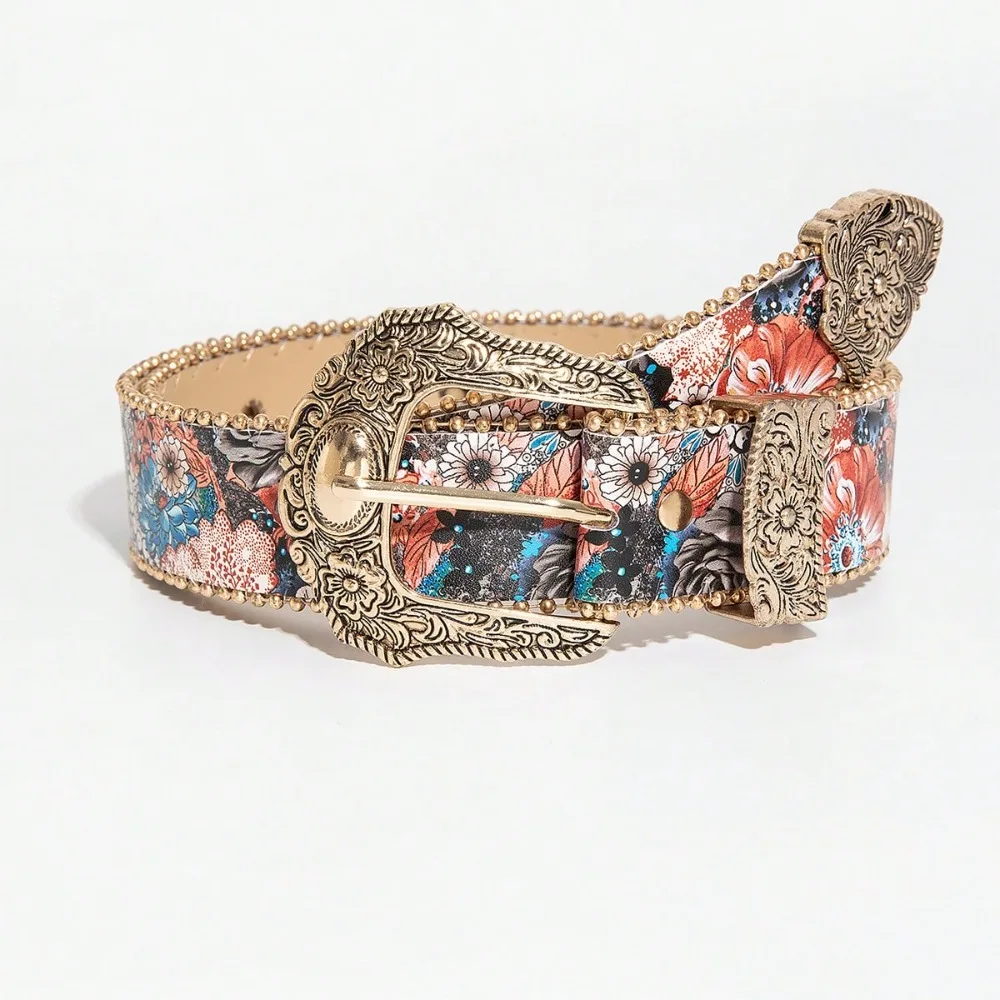 1 Piece of Multi-color Bohemian Style Buckle Head Metal Buckle Colorful Floral Pattern Women's Decorative Belt Commuting Daily