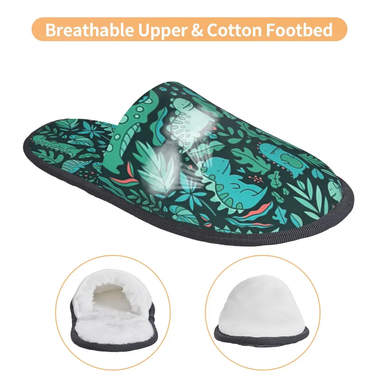 Custom Cute Dinosaurs And Tropical Leaves Soft Memory Foam House Slippers Women Animal Cozy Warm Anti-Skid Slipper