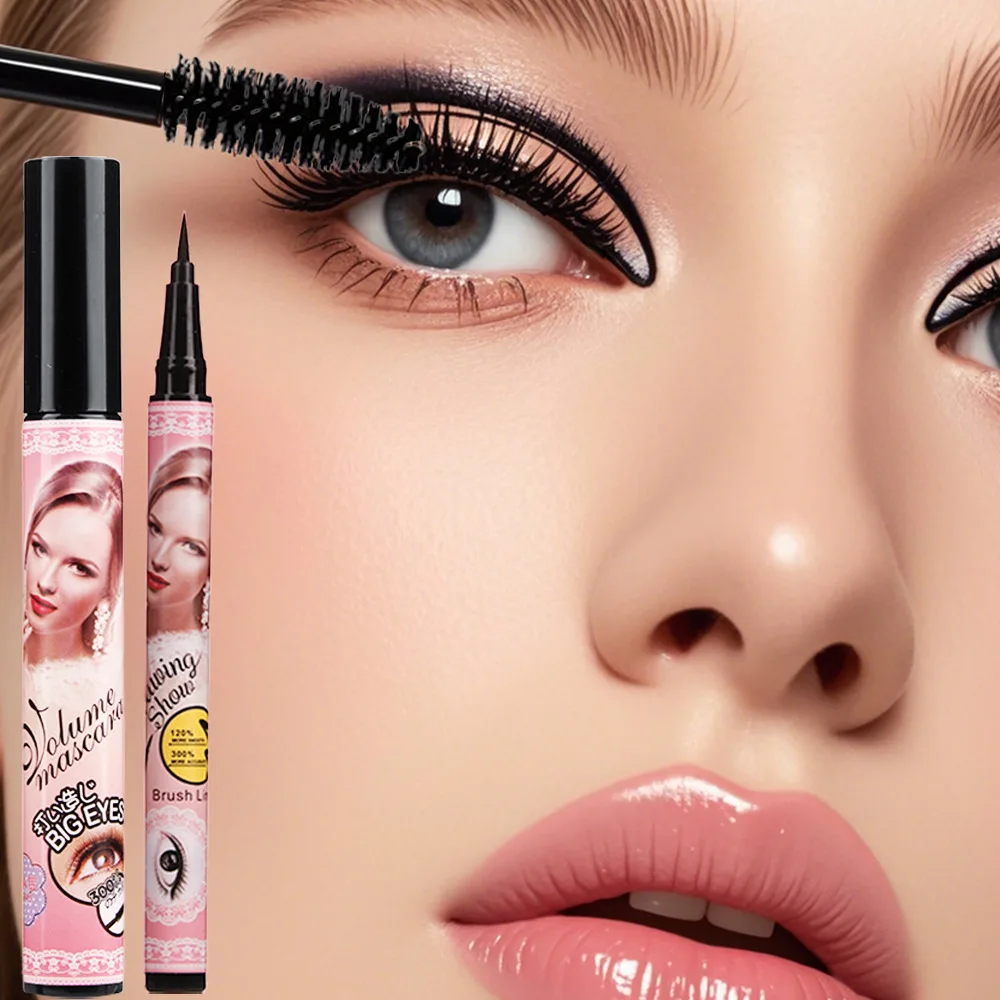 Black Waterproof Mascara and Eyeliner Thick Long Curly Silicone Brush Head Is Three-dimensional Natural Make Up Products Eyelash