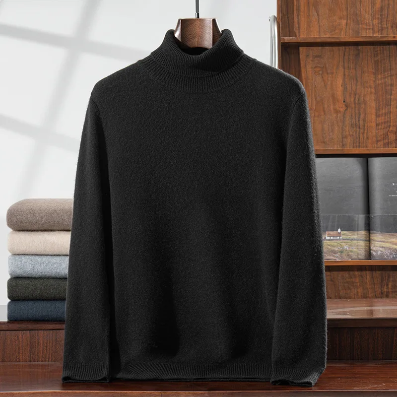Autumn Winter Men's 100% Cashmere Pullovers Long Sleeve High Neck Knitted Sweaters High-end Soft Comfort Thick Clothing Tops