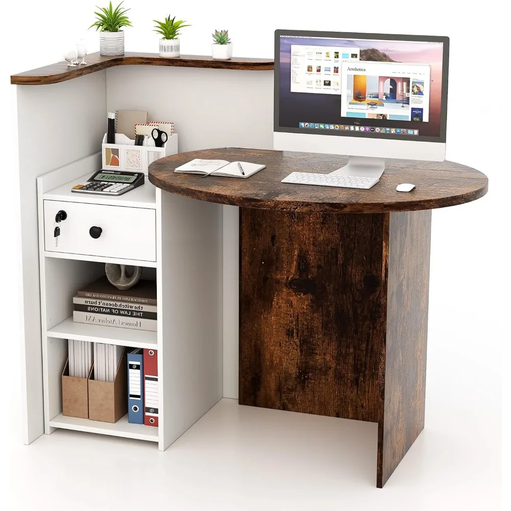 

Reception Desk, Small Retail Checkout Counter with Lockable Drawer and Open Shelves, Wooden Computer Workstation for Home Office