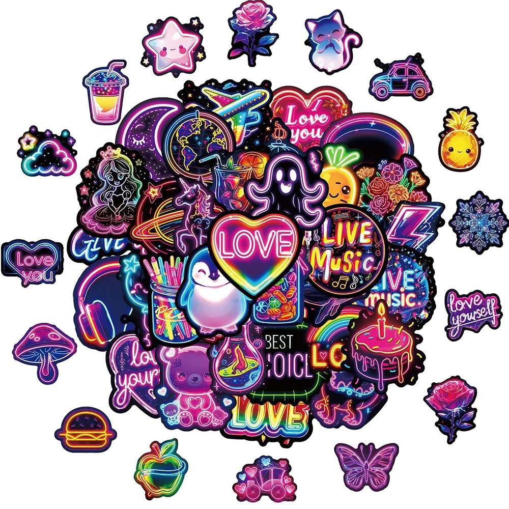 10/30/50szt Cute Cartoon Neon Light Stickers Kid DIY Decals Toy DIY Skateboard Notebook Phone Case Funny Graffiti Sticker Decor