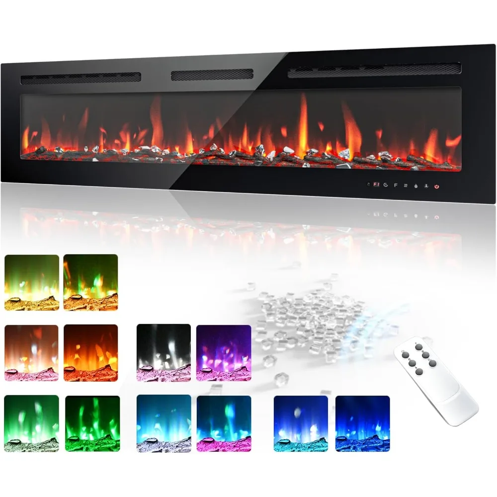 EUHOMY Chimenea eléctrica empotrable en la pared de 60 pulgadas y montada en la pared con color de llama ajustable, calentador de chimenea con control remoto