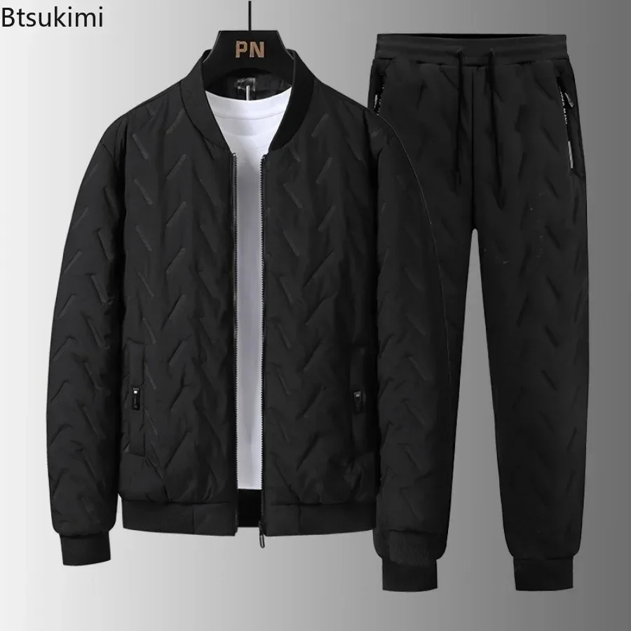 2025 Men's Puffer Cotton-padded Sets Korean Style Thicker Cotton Jacket +Lamb Fleece Pants 2 Piece Suits Men's Winter Warm Sets