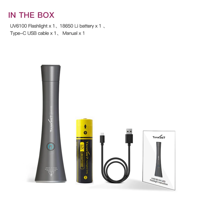 TANK007 UV6100 Ultraviolet Flashlight Rechargeable 18650 Lithium Battery Blacklight 365nm UV Torch for Pet Stain Detection