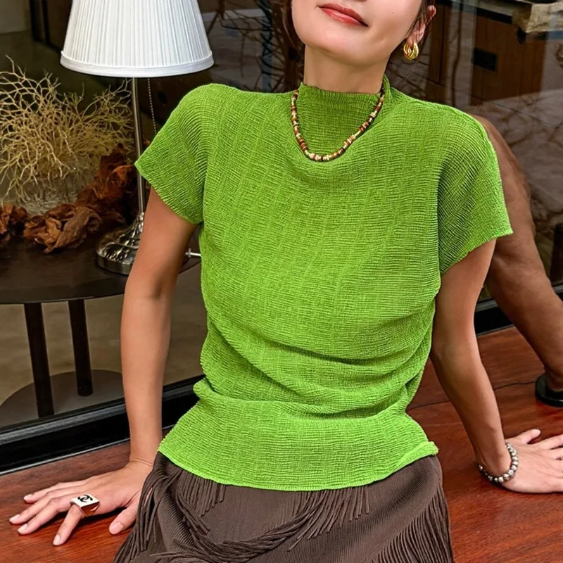  Pleated Short Sleeve T-Shirt Summer New Simple Casual Fashion Base Shirt Women Lightweight Stretchy Semi-Transparent Top