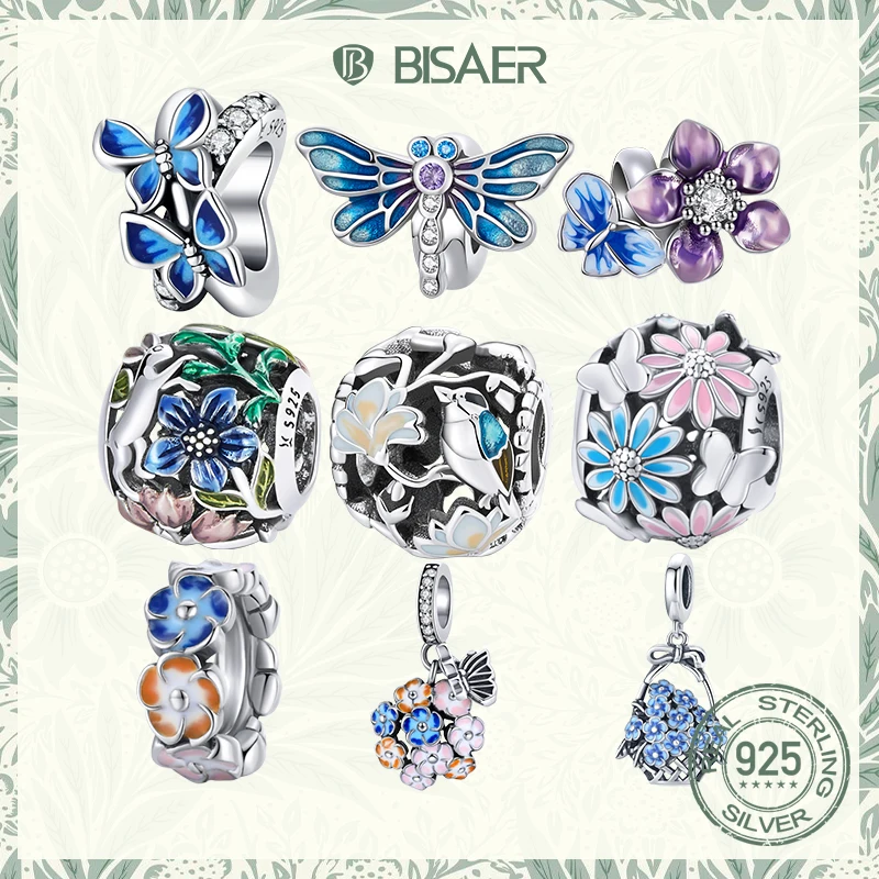 

BISAER 925 Sterling Silve Charm Butterfly Flower Garden Zircon Plated Platinum Fit Charms Bracelet Bangle Fine Jewelry Making